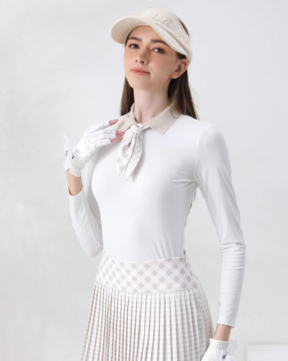 Golf Women's Autumn Winter Fashion Tennis Slim Fit Contrast Embroidered Top Golf Plaid Pleated Skirt Set