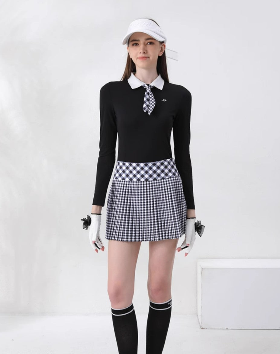 Golf Women's Autumn Winter Fashion Tennis Slim Fit Contrast Embroidered Top Golf Plaid Pleated Skirt Set