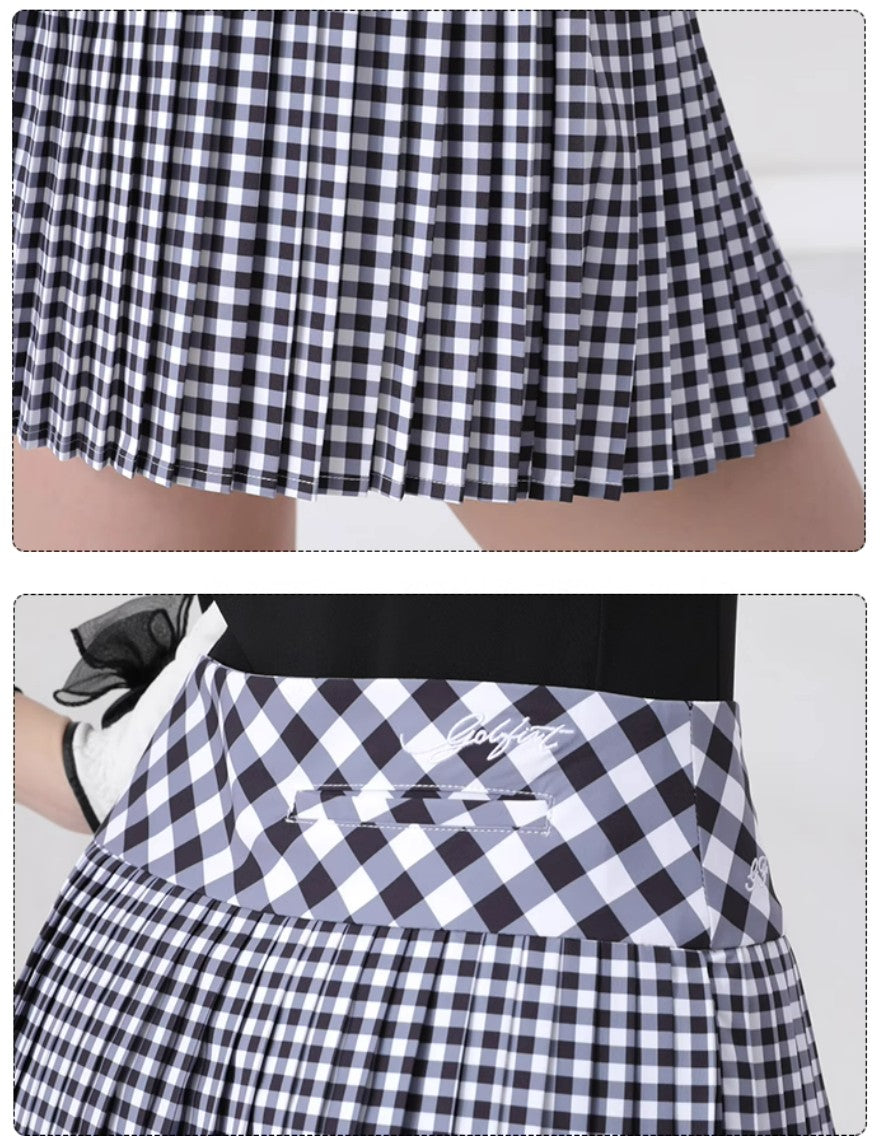 Golf Women's Autumn Winter Fashion Tennis Slim Fit Contrast Embroidered Top Golf Plaid Pleated Skirt Set