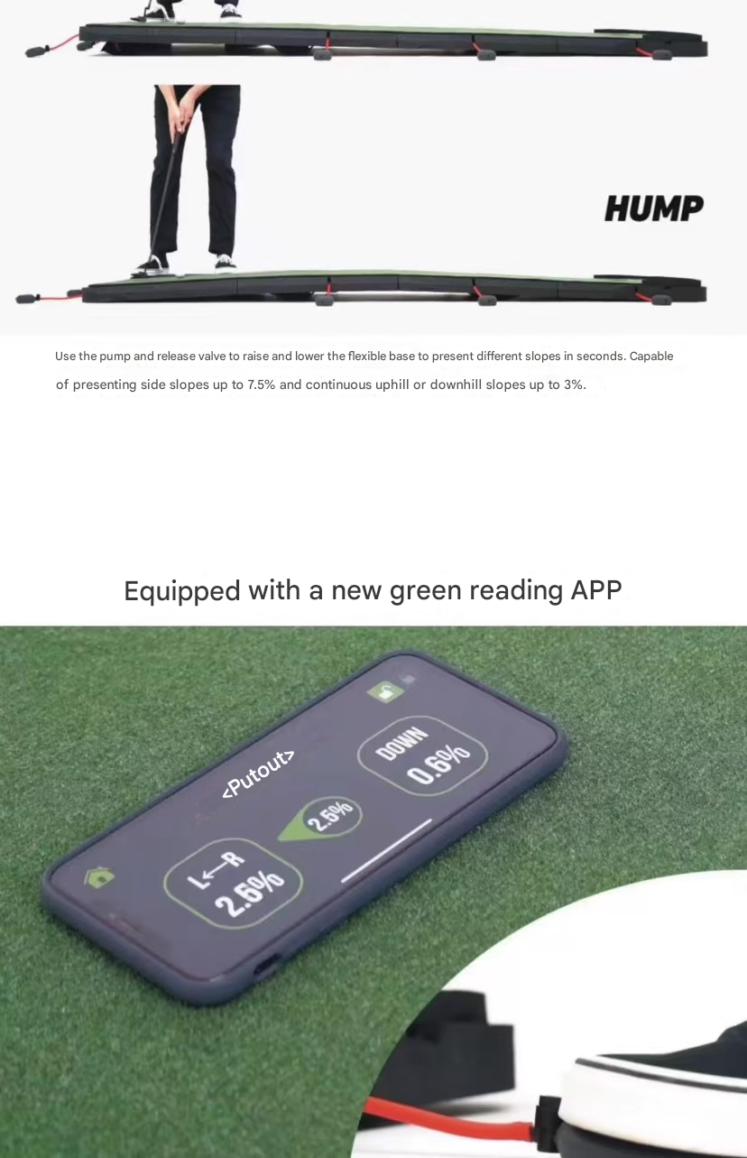The new PuttOUT AirBreak golf club golf carpet putting training has an adjustable incline