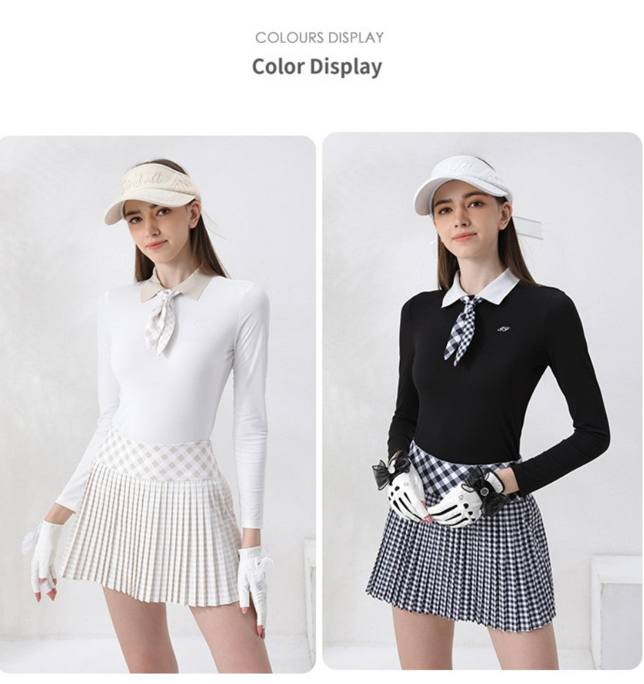 Golf Women's Autumn Winter Fashion Tennis Slim Fit Contrast Embroidered Top Golf Plaid Pleated Skirt Set