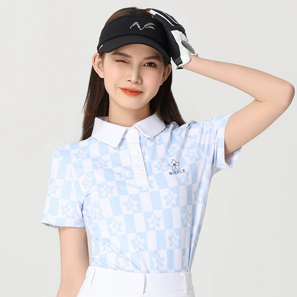 Niefle Golf Women's Fashion Print Plaid POLO Shirt Quick Dry Short Sleeve Breathable Comfortable Tracksuit Skirt