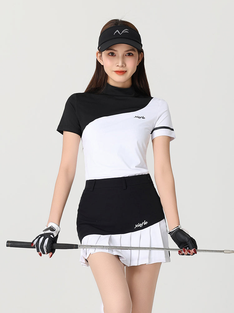 Niefle Golf Women's Summer New Color-Blocked Slim Stretch Short Sleeve Top Breathable Quick Dry Fashion Set