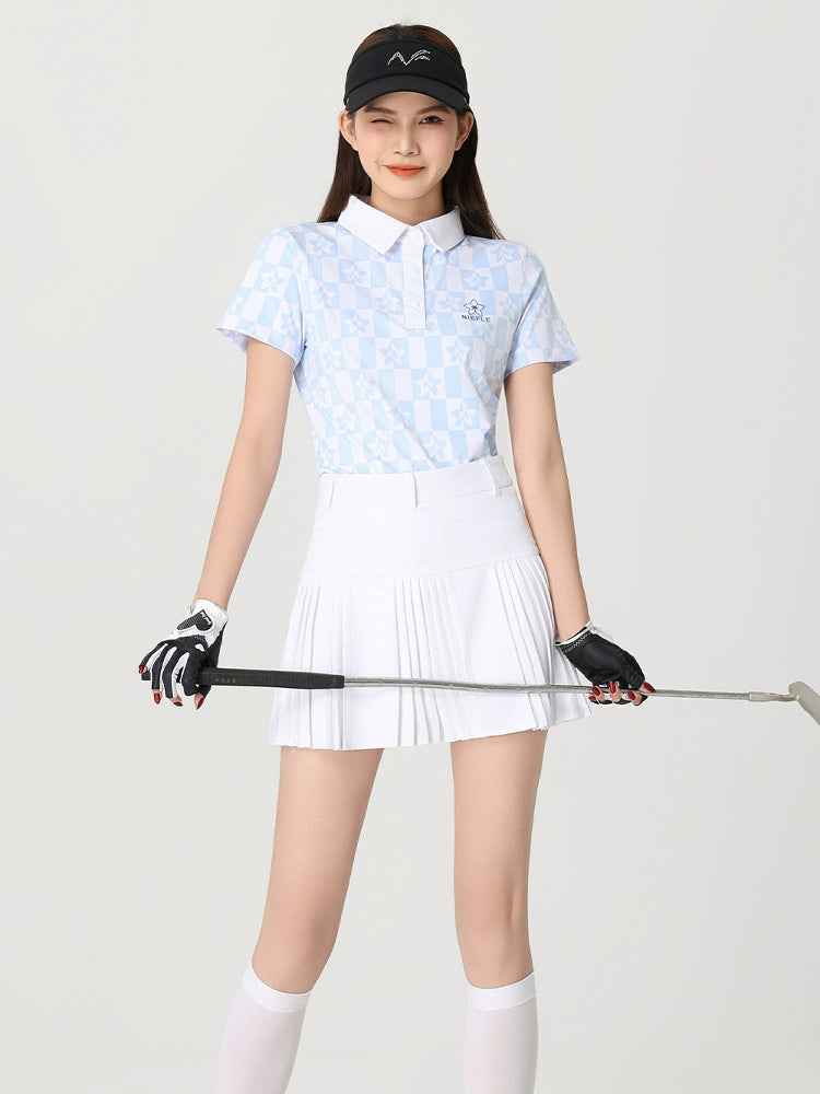 Niefle Golf Women's Fashion Print Plaid POLO Shirt Quick Dry Short Sleeve Breathable Comfortable Tracksuit Skirt