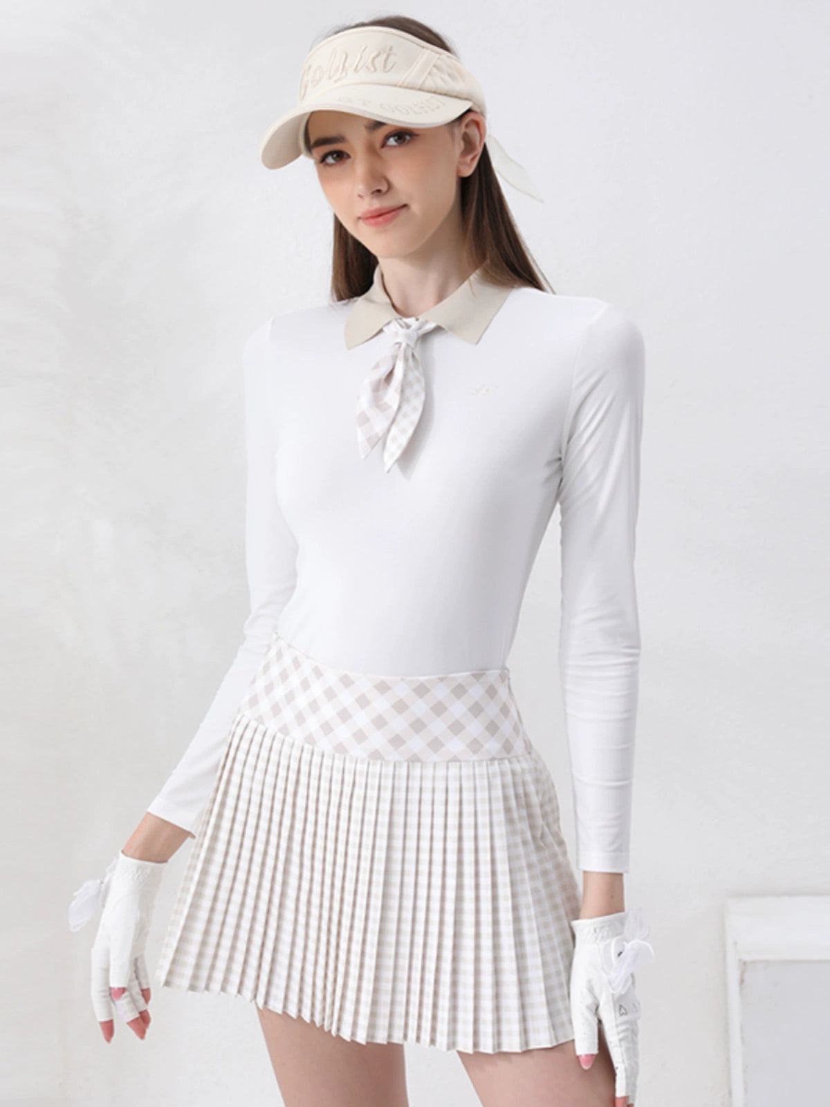 Golf Women's Autumn Winter Fashion Tennis Slim Fit Contrast Embroidered Top Golf Plaid Pleated Skirt Set