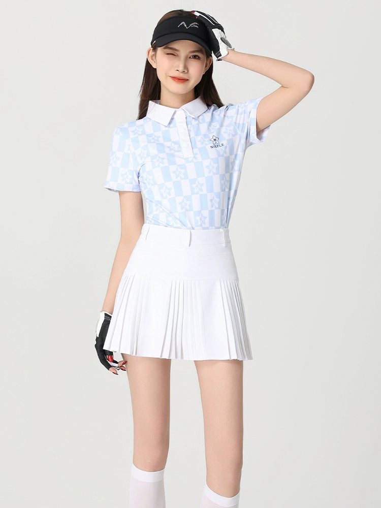 Niefle Golf Women's Fashion Print Plaid POLO Shirt Quick Dry Short Sleeve Breathable Comfortable Tracksuit Skirt