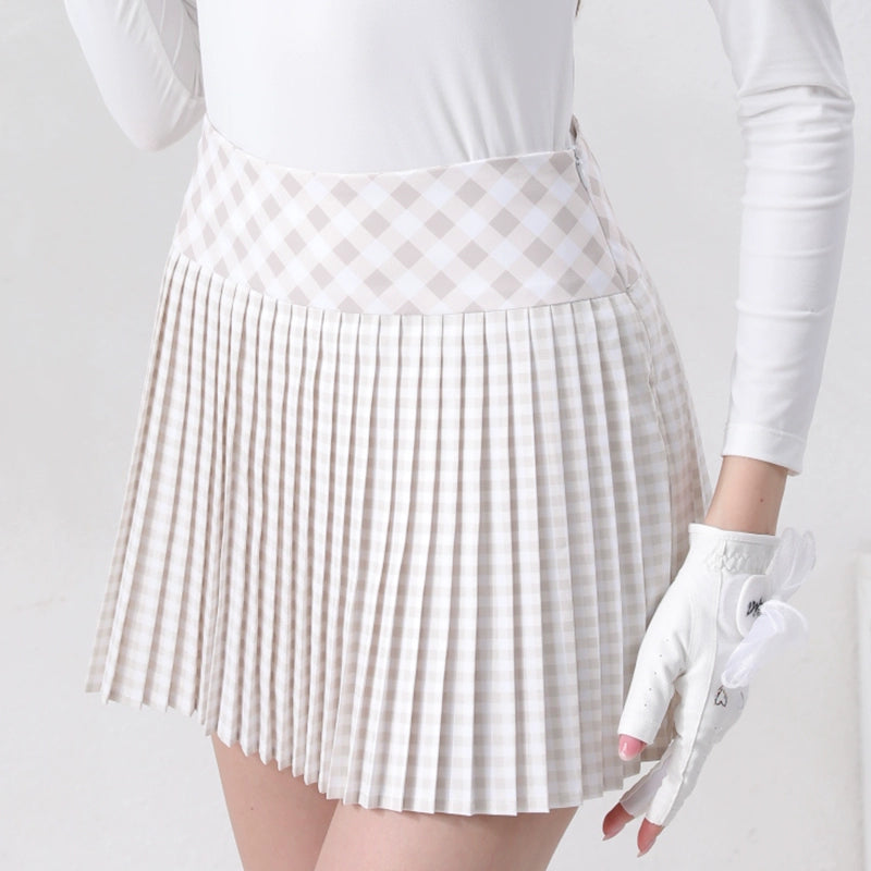 Golf Women's Autumn Winter Fashion Tennis Slim Fit Contrast Embroidered Top Golf Plaid Pleated Skirt Set