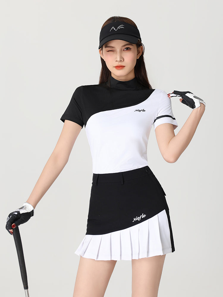 Niefle Golf Women's Summer New Color-Blocked Slim Stretch Short Sleeve Top Breathable Quick Dry Fashion Set