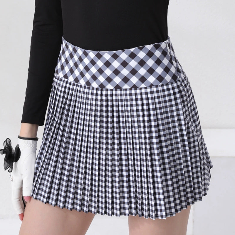 Golf Women's Autumn Winter Fashion Tennis Slim Fit Contrast Embroidered Top Golf Plaid Pleated Skirt Set