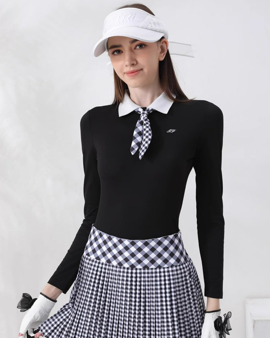 Golf Women's Autumn Winter Fashion Tennis Slim Fit Contrast Embroidered Top Golf Plaid Pleated Skirt Set