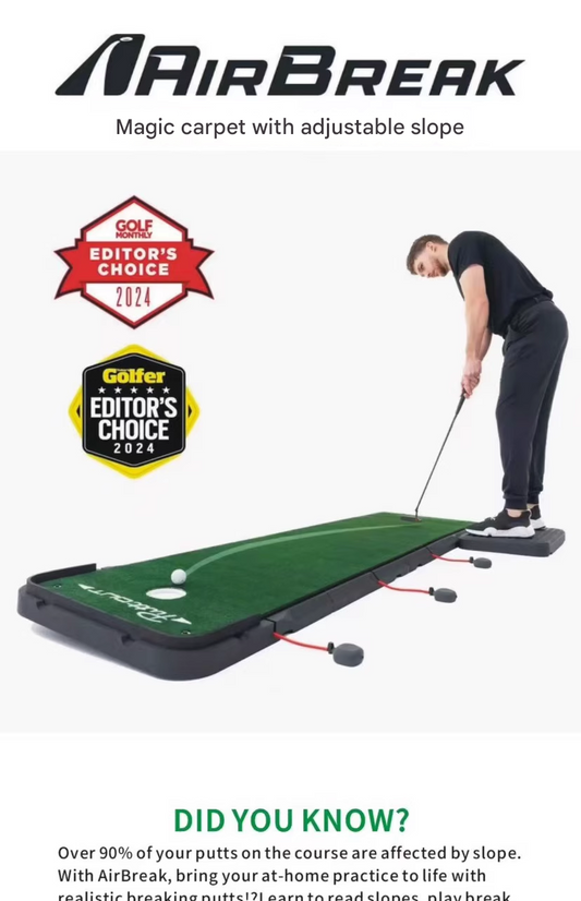 The new PuttOUT AirBreak golf club golf carpet putting training has an adjustable incline