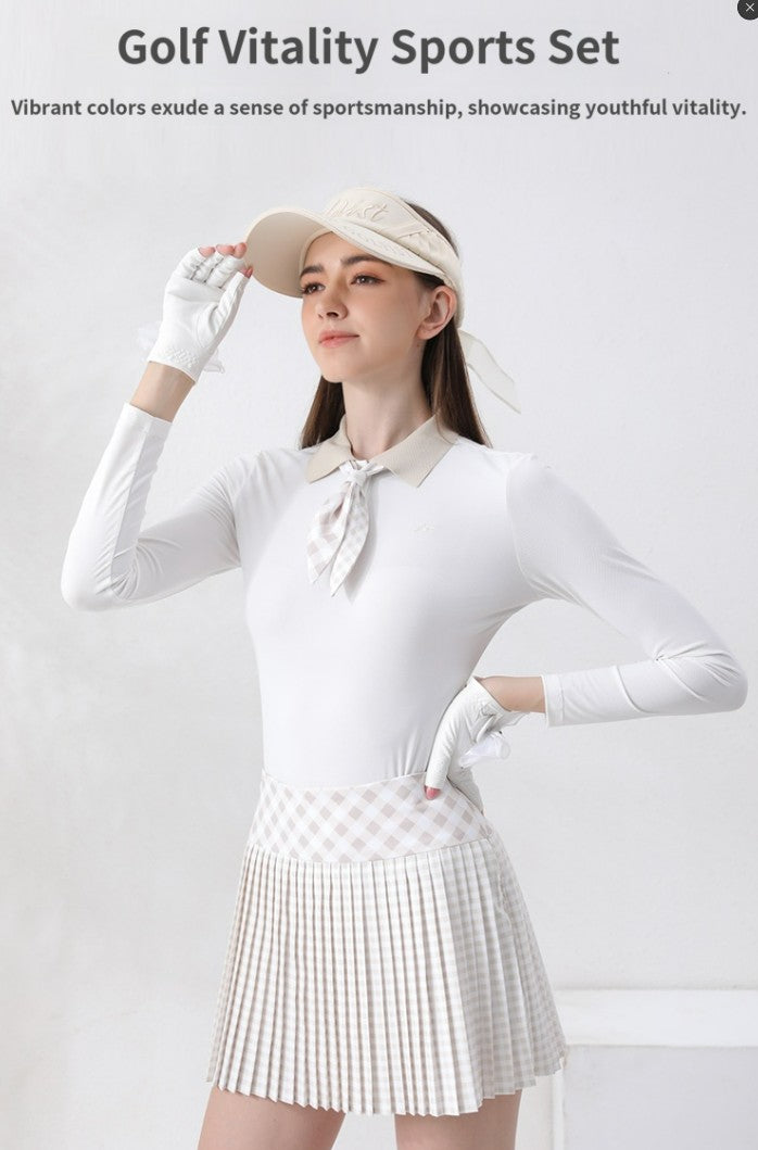 Golf Women's Autumn Winter Fashion Tennis Slim Fit Contrast Embroidered Top Golf Plaid Pleated Skirt Set