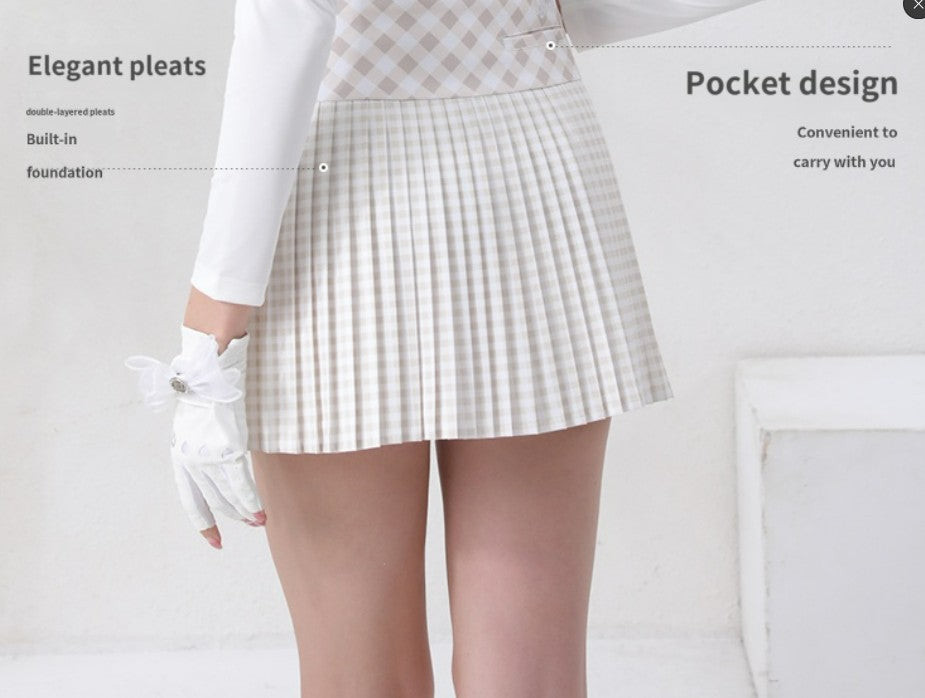 Golf Women's Autumn Winter Fashion Tennis Slim Fit Contrast Embroidered Top Golf Plaid Pleated Skirt Set