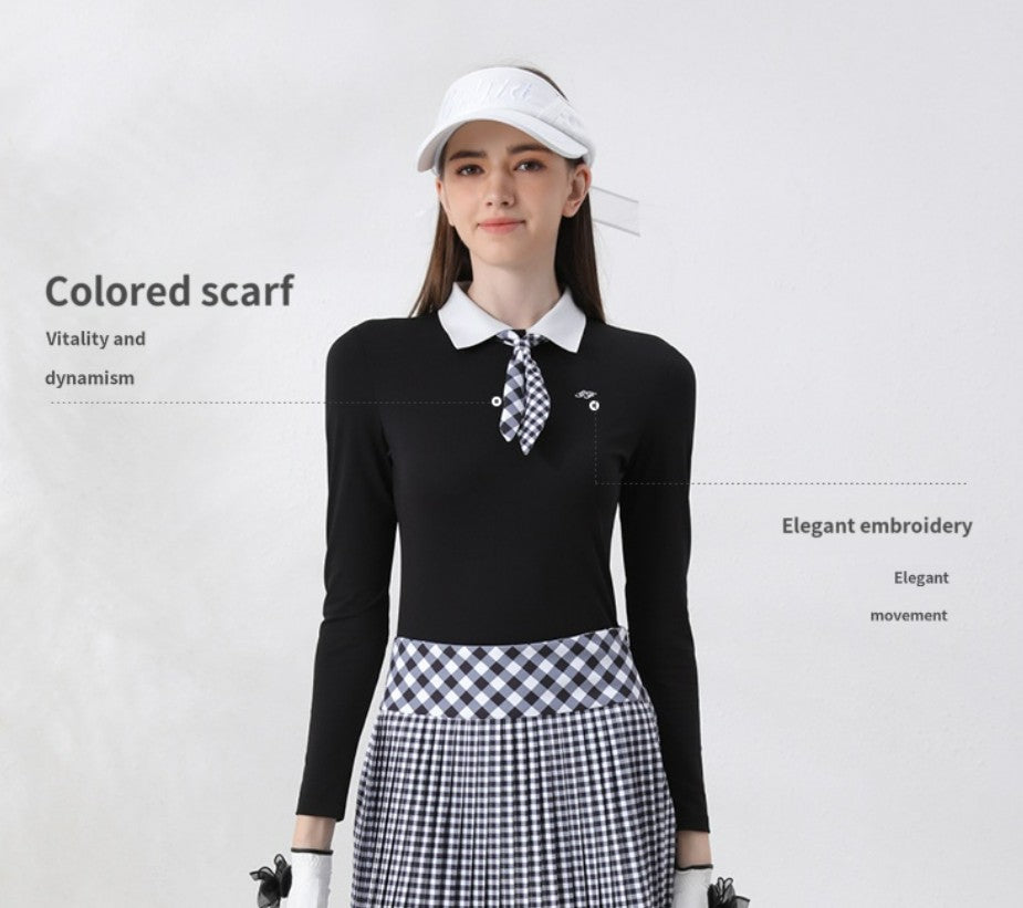 Golf Women's Autumn Winter Fashion Tennis Slim Fit Contrast Embroidered Top Golf Plaid Pleated Skirt Set