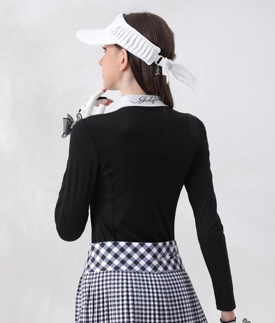 Golf Women's Autumn Winter Fashion Tennis Slim Fit Contrast Embroidered Top Golf Plaid Pleated Skirt Set