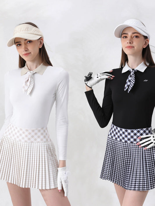 Golf Women's Autumn Winter Fashion Tennis Slim Fit Contrast Embroidered Top Golf Plaid Pleated Skirt Set