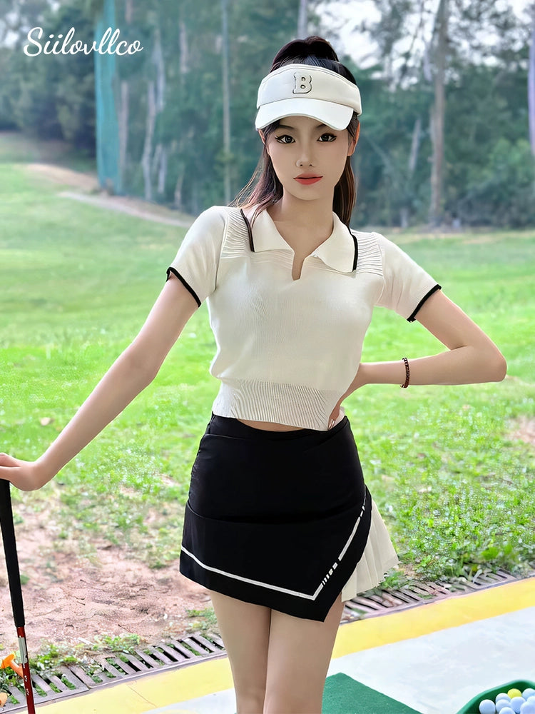 golf apparel women's suit summer ice silk white short sleeve polo shirt golf quick-drying pleated skirt