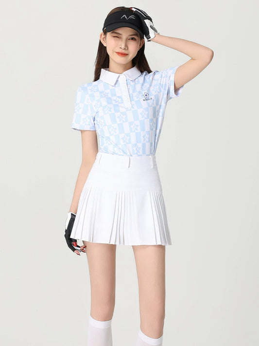 Niefle Golf Women's Fashion Print Plaid POLO Shirt Quick Dry Short Sleeve Breathable Comfortable Tracksuit Skirt