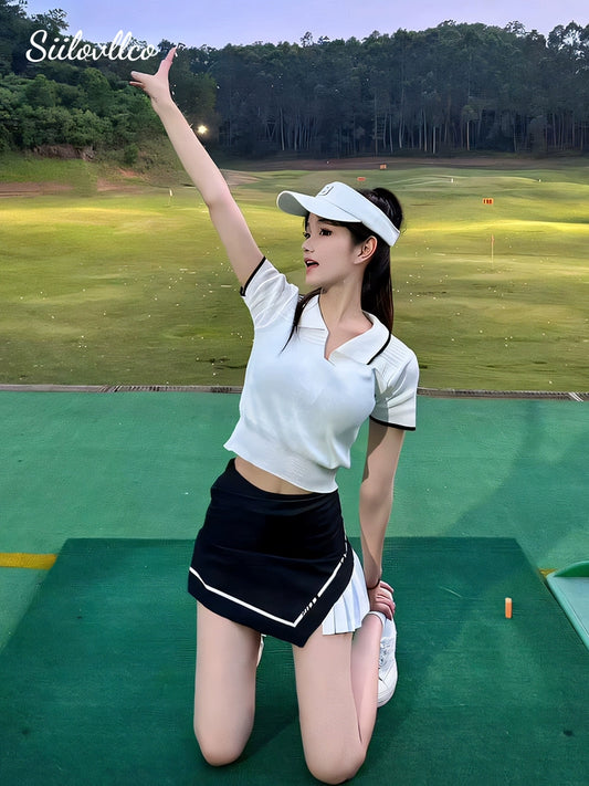 golf apparel women's suit summer ice silk white short sleeve polo shirt golf quick-drying pleated skirt