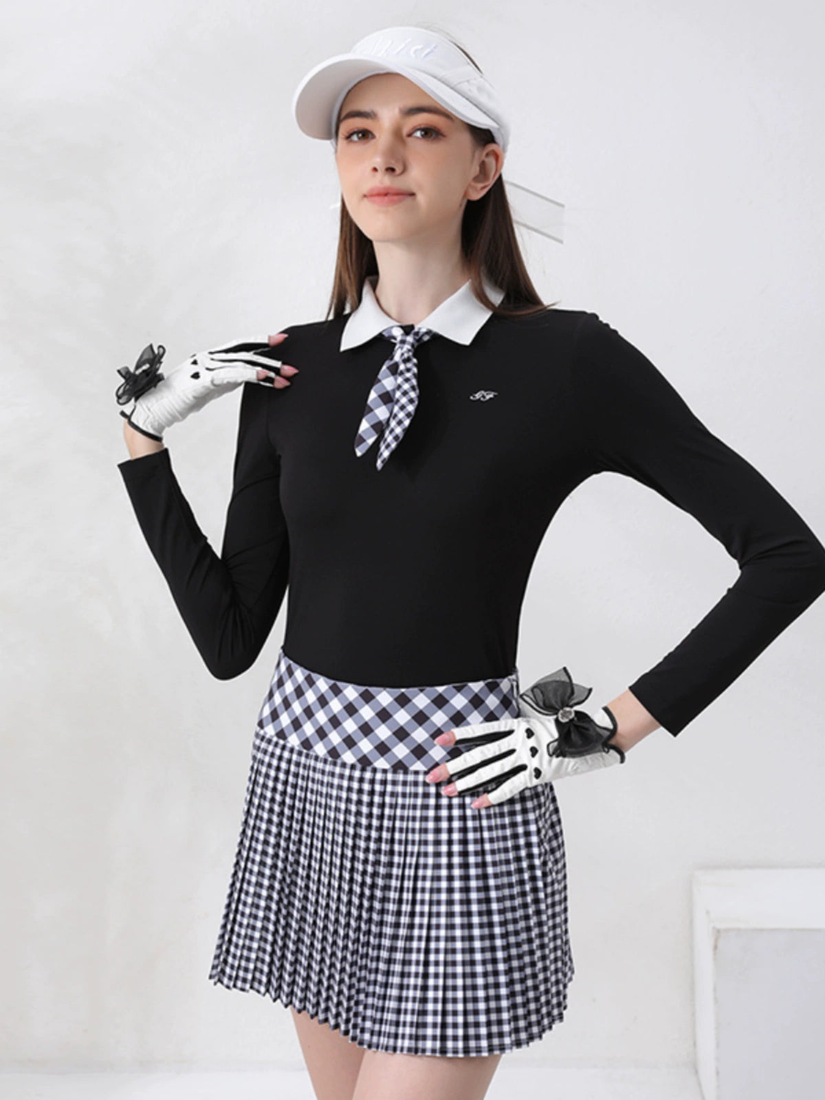 Golf Women's Autumn Winter Fashion Tennis Slim Fit Contrast Embroidered Top Golf Plaid Pleated Skirt Set