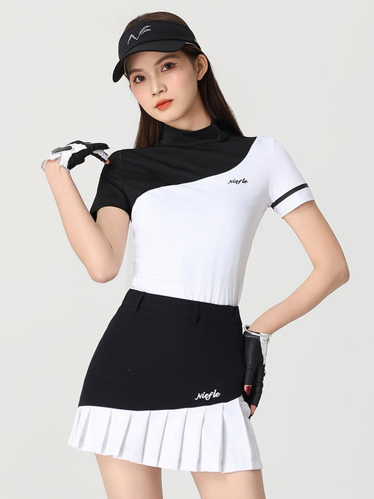 Niefle Golf Women's Summer New Color-Blocked Slim Stretch Short Sleeve Top Breathable Quick Dry Fashion Set