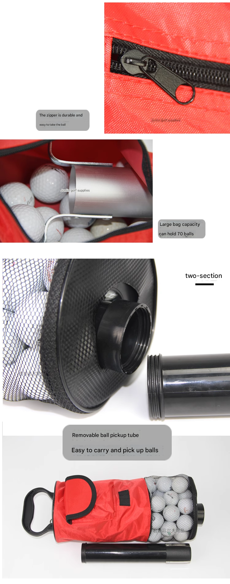 Golf ball picker, aluminum alloy ball barrel, two-stage plastic ball picker, and court supplies can hold 70 pieces with a large capacity